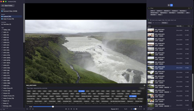 FolderVideoPlayer for Mac — the tag panel open under the picture, with the tags 2014, Iceland and Waterfall applied