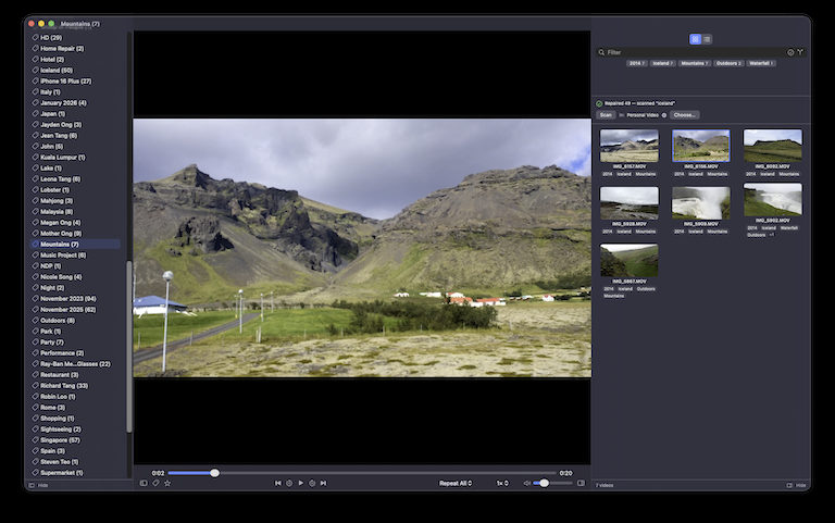 FolderVideoPlayer for Mac — the three-pane window: the tag sidebar, the video playing, and the folder's own videos shown as poster frames with their names